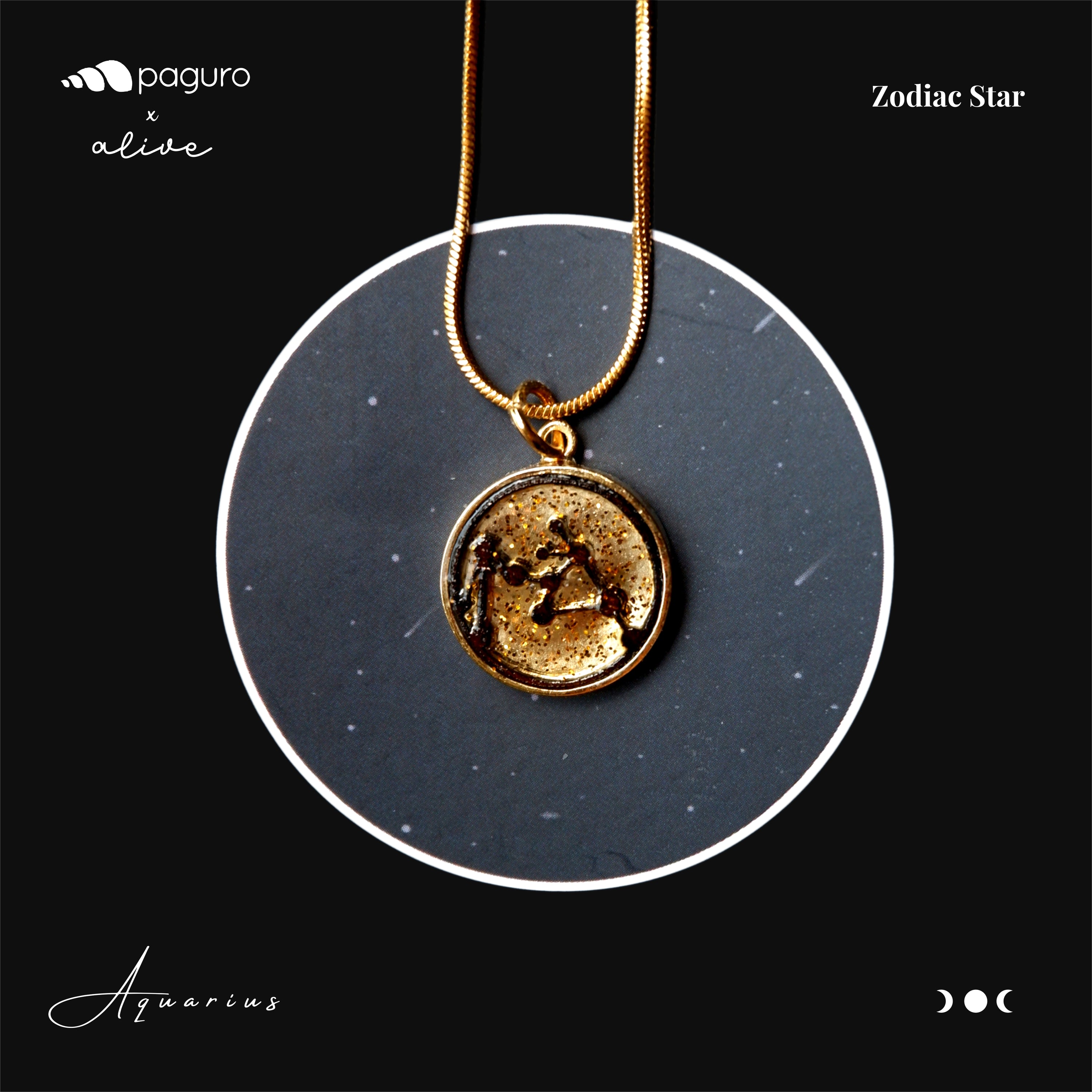 Aquarius Zodiac Sign Sustainable Necklace featuring a gold plated brass pendant with recycled wood and plant resin, elegantly designed and eco-friendly.