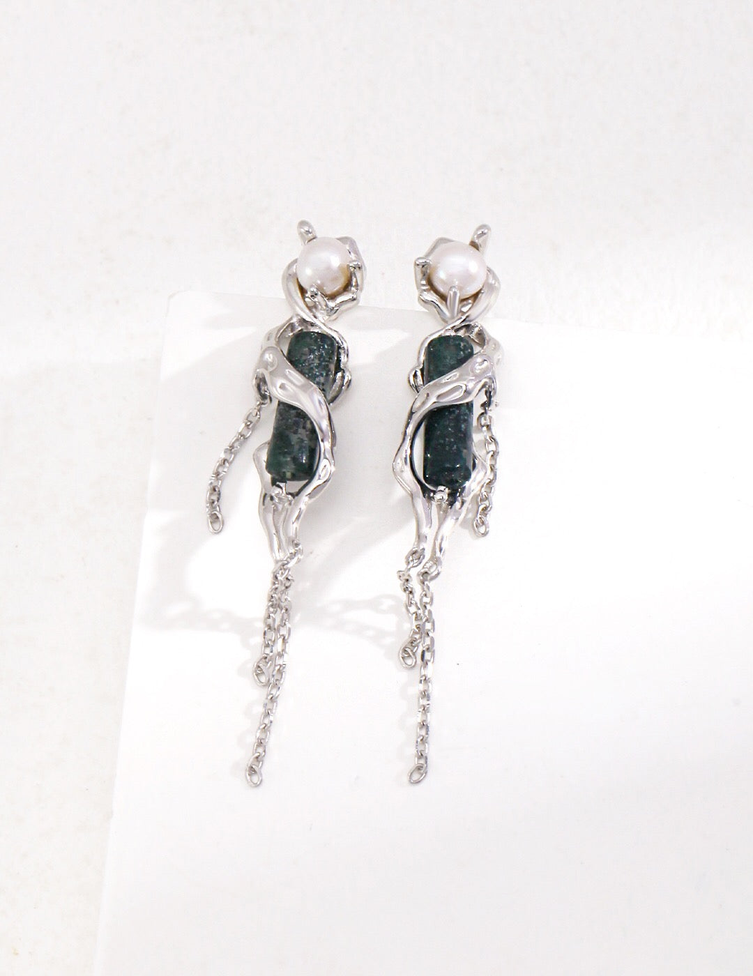 Elegant Aquatic Agate Pearl Earrings featuring gold vermeil, showcasing unique patterns and a sophisticated design.