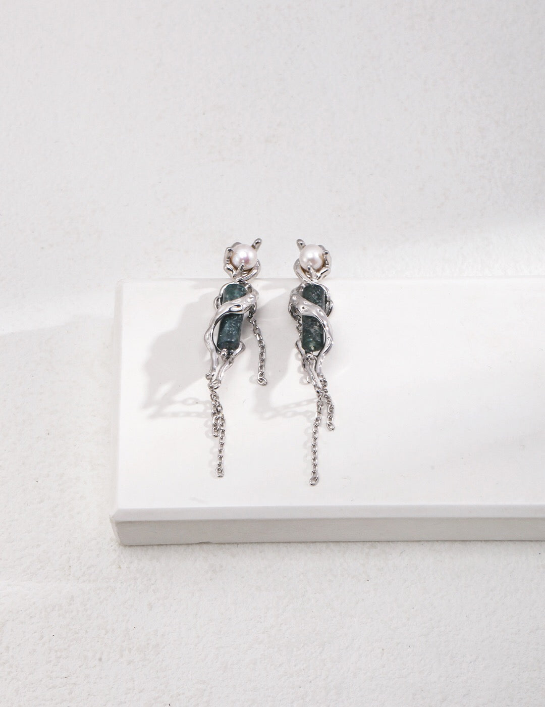 Elegant Aquatic Agate Pearl Earrings featuring gold vermeil, showcasing unique patterns and a sophisticated design.