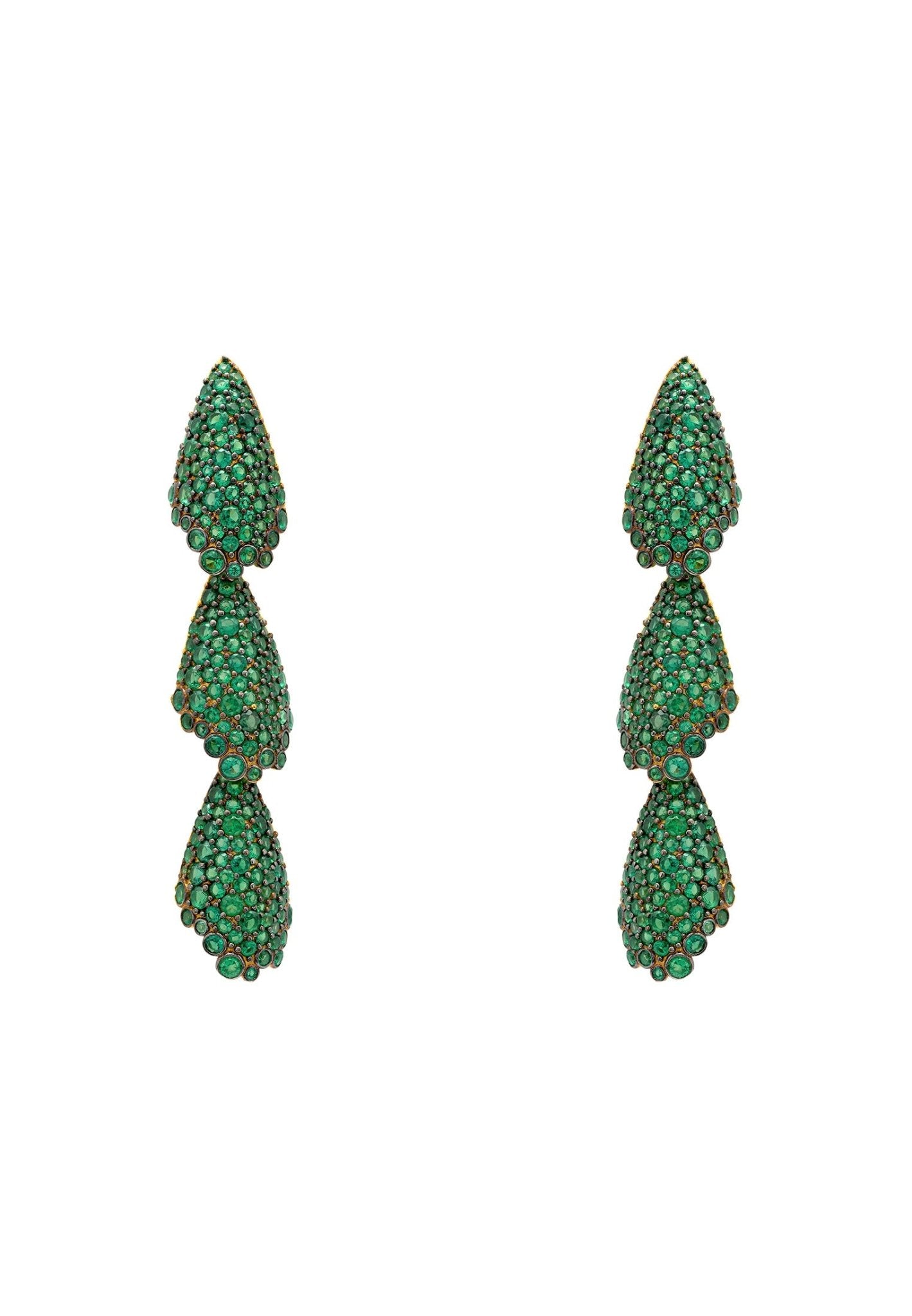 Elegant Arabelle Emerald Green Earrings Gold featuring a three-tiered shell design with emerald green cubic zirconia.