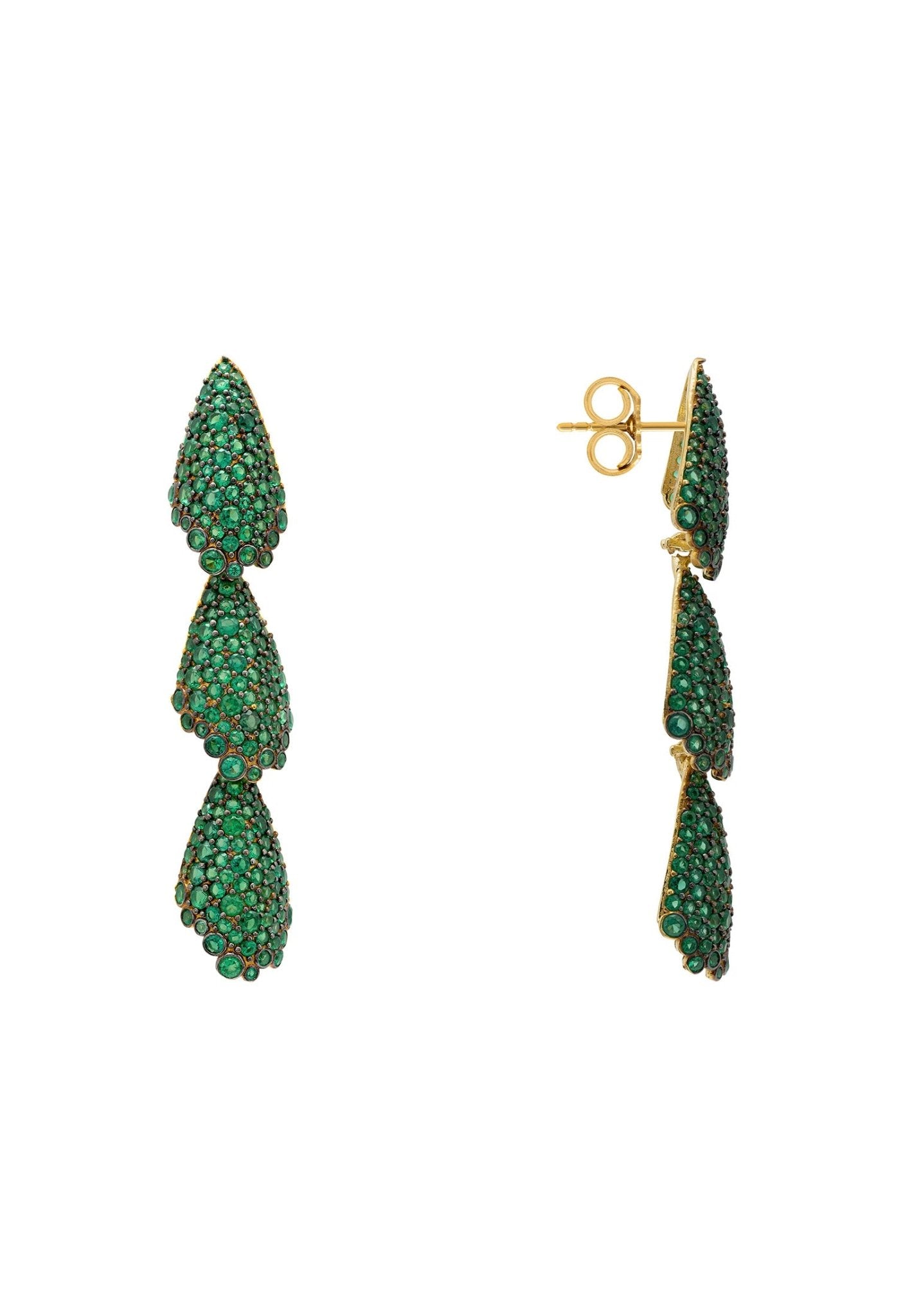 Elegant Arabelle Emerald Green Earrings Gold featuring a three-tiered shell design with emerald green cubic zirconia.