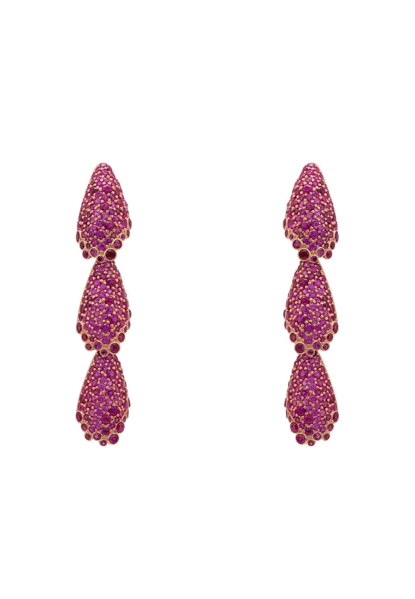 Stunning Arabelle Ruby Pink Earrings in rosegold, featuring vibrant cubic zirconia and unique shell-shaped motifs.