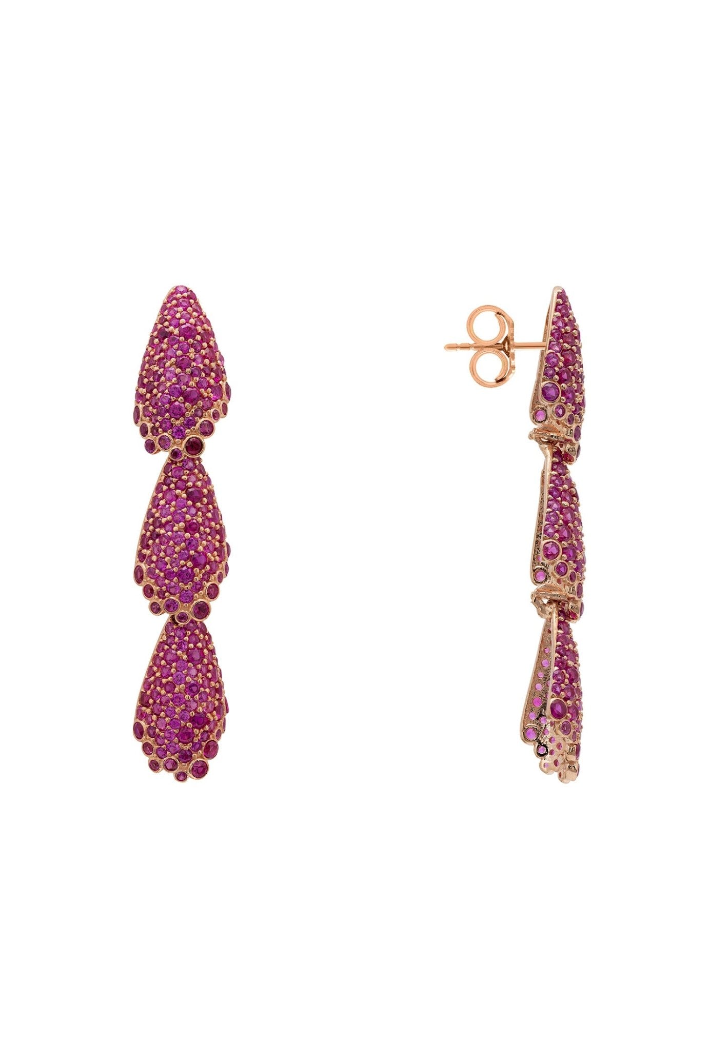 Stunning Arabelle Ruby Pink Earrings in rosegold, featuring vibrant cubic zirconia and unique shell-shaped motifs.