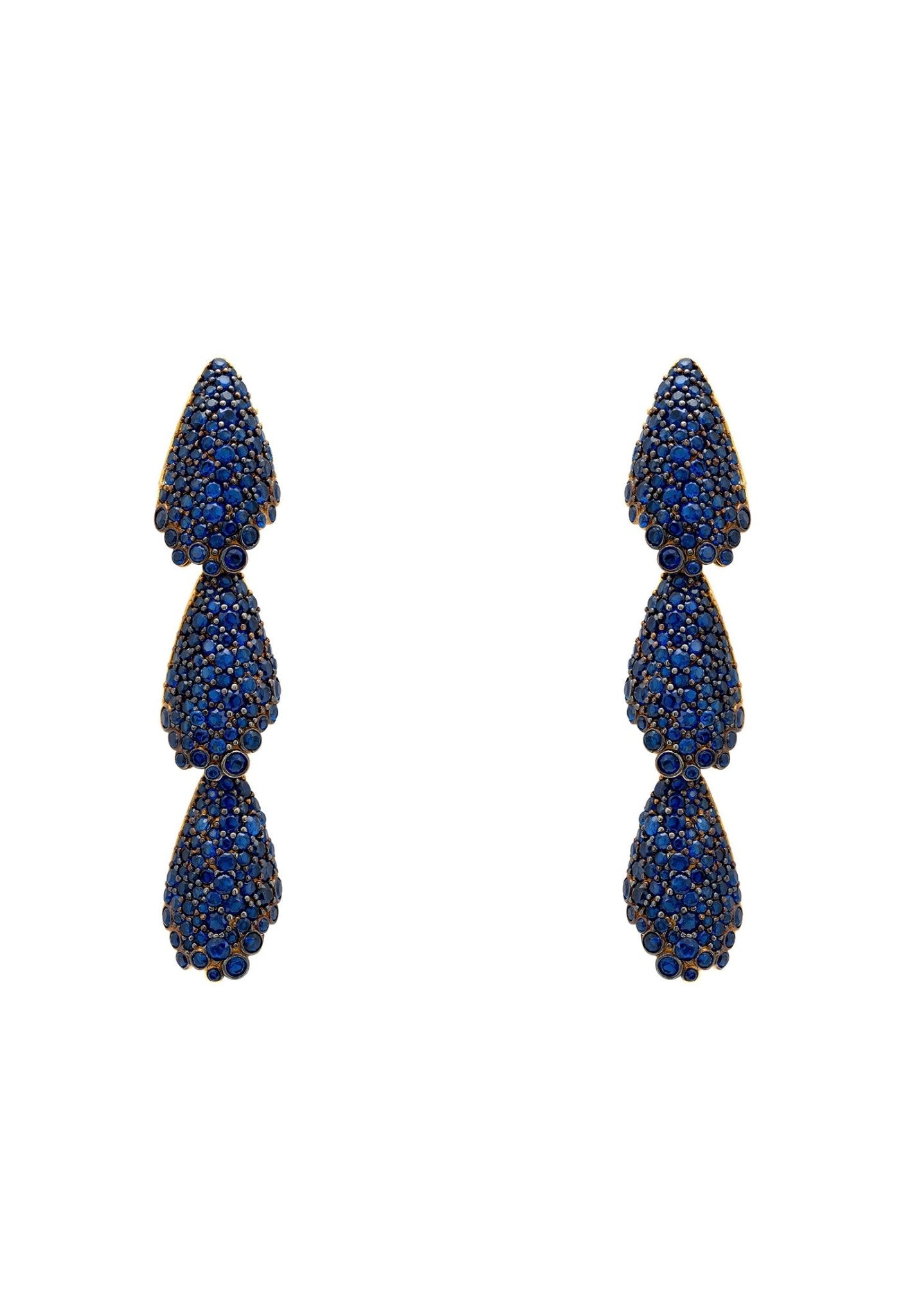 Arabelle Sapphire Blue Earrings Gold featuring cubic zirconia in a three-tiered shell design, elegantly crafted in sterling silver and gold.