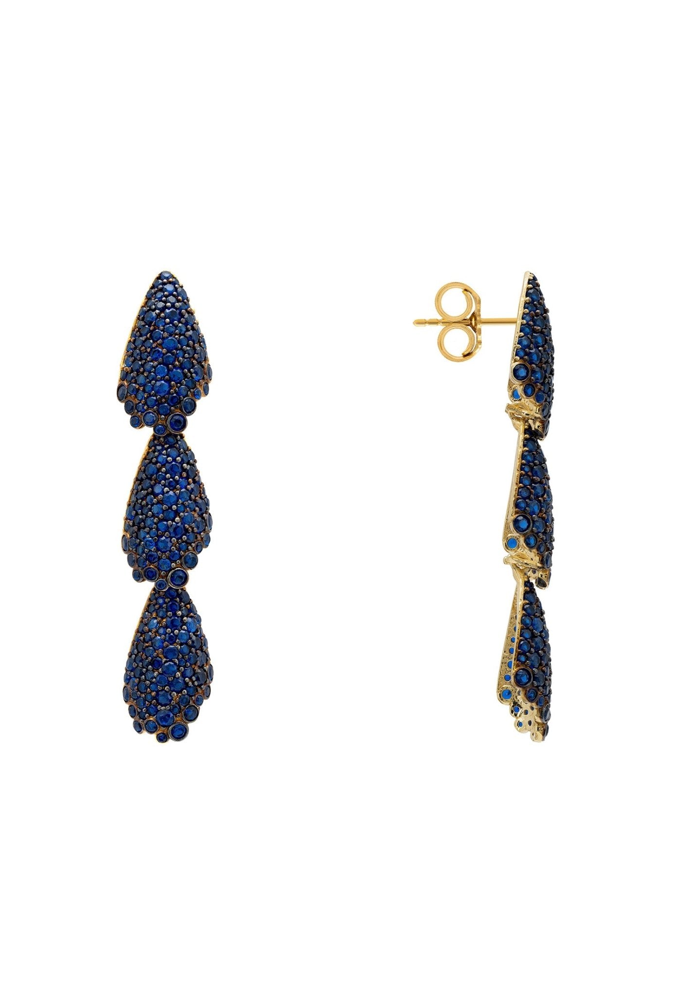 Arabelle Sapphire Blue Earrings Gold featuring cubic zirconia in a three-tiered shell design, elegantly crafted in sterling silver and gold.