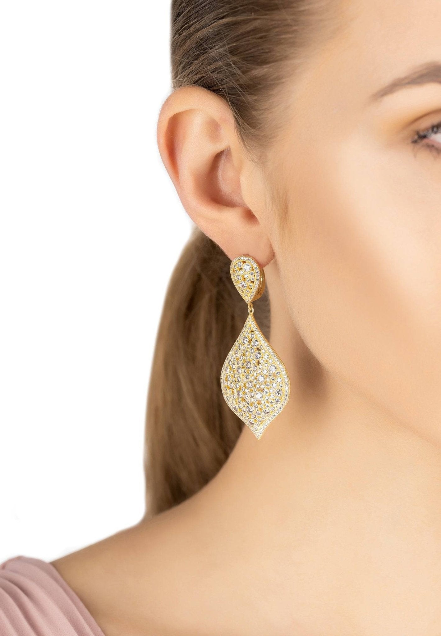 Arabian Nights Earrings Gold featuring intricate design and sparkling crystals, inspired by Taj Mahal rooftops.