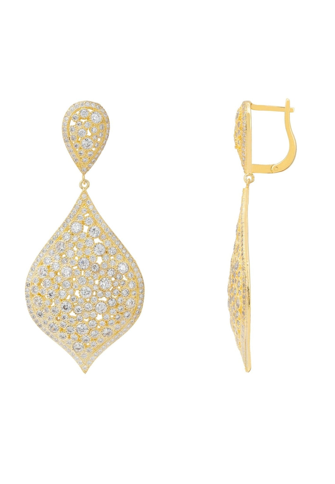 Arabian Nights Earrings Gold featuring intricate design and sparkling crystals, inspired by Taj Mahal rooftops.