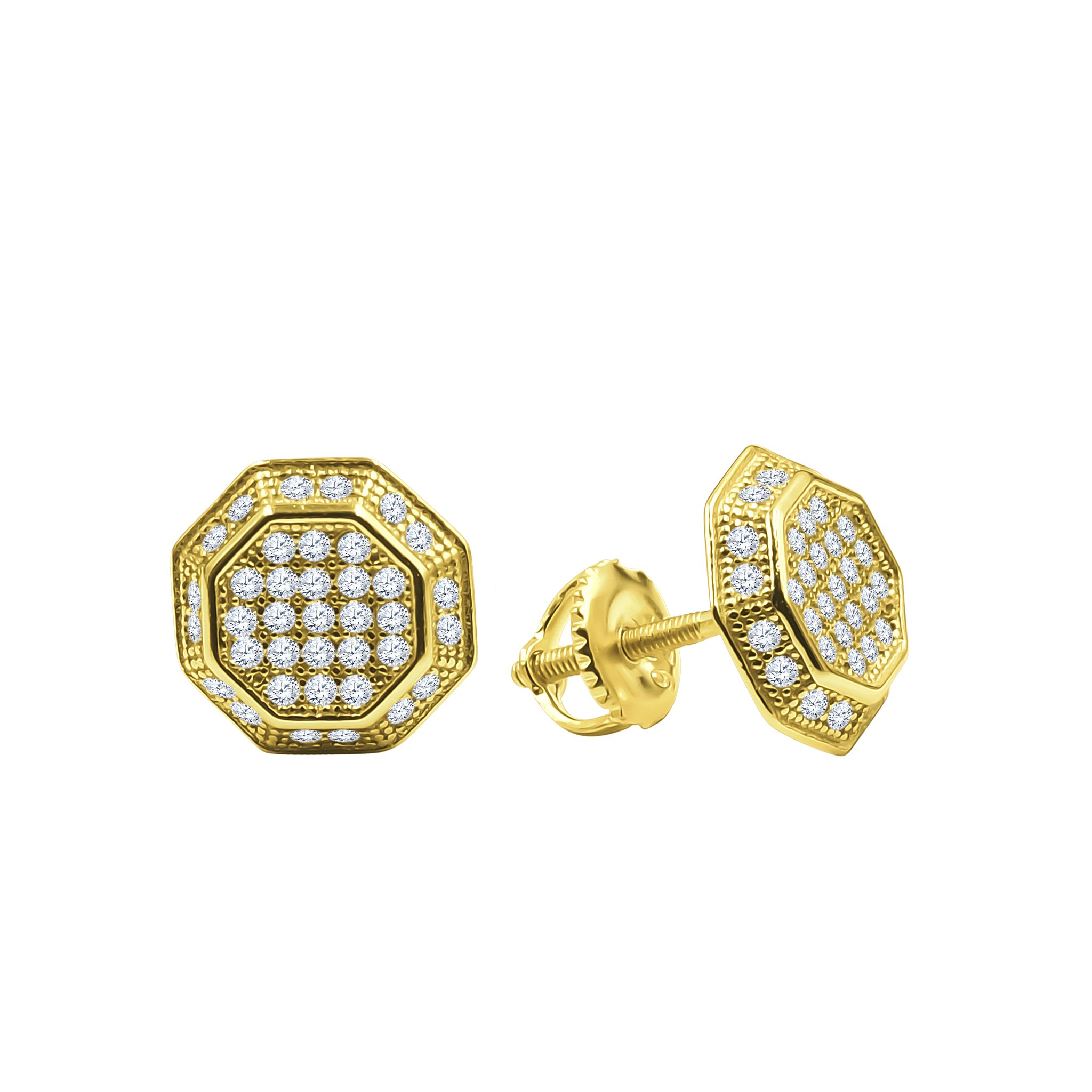 A pair of ARCHAIC Screw Back Earrings featuring brass copper metal and sparkling cubic zircon stones, showcasing a unique design.