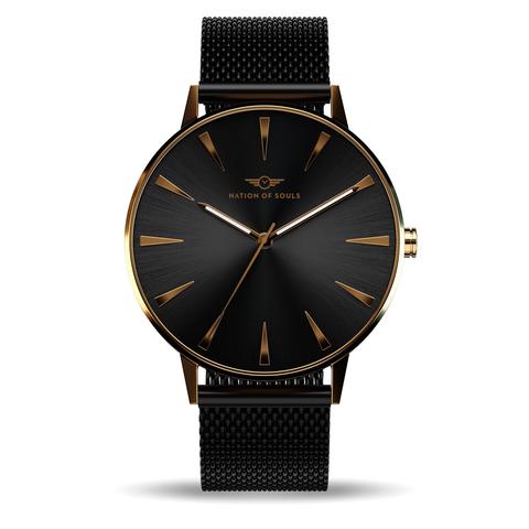 Argo Gold Gloss - Jet Black watch featuring a sunray dial and diamond cut 3D hands, set in a high-grade stainless steel case.