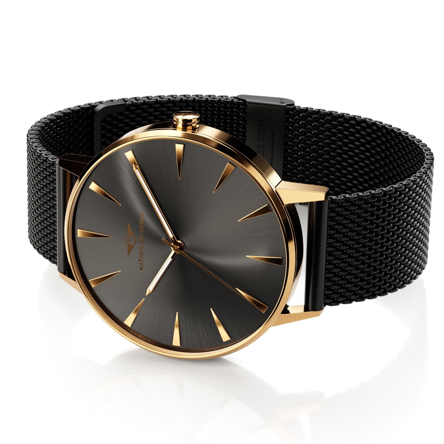 Argo Gold Gloss - Jet Black watch featuring a sunray dial and diamond cut 3D hands, set in a high-grade stainless steel case.