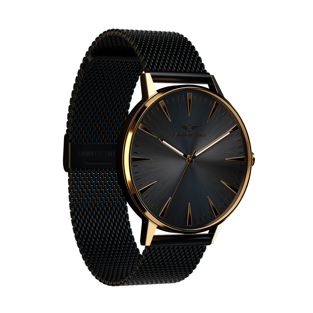 Argo Gold Gloss - Jet Black watch featuring a sunray dial and diamond cut 3D hands, set in a high-grade stainless steel case.