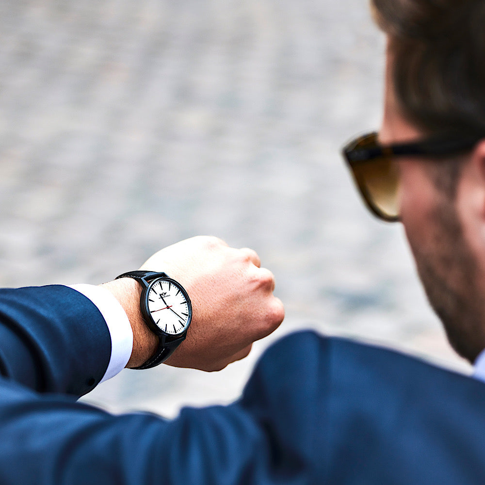 Limited Edition Argo watch in Jet Black Brushed and Argent White with sunray dial and diamond cut 3D hands.