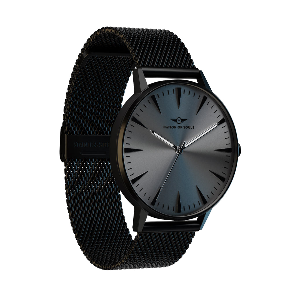 Argo Jet Black Brushed - Gunmetal watch showcasing a sunray dial and diamond cut 3D hands.