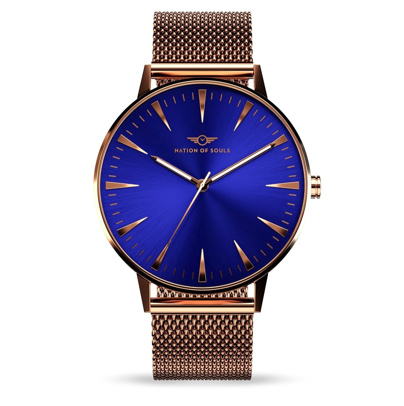 Argo watch featuring rose gold gloss and cobalt blue accents, showcasing a sunray dial and diamond cut 3D hands.