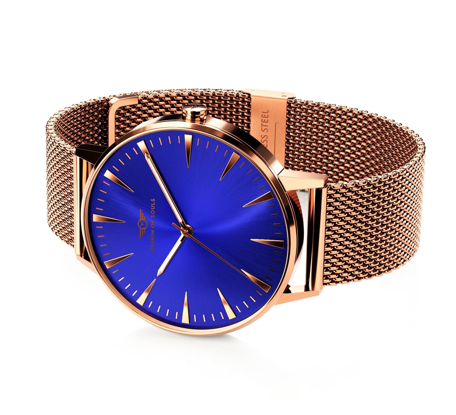 Argo watch featuring rose gold gloss and cobalt blue accents, showcasing a sunray dial and diamond cut 3D hands.