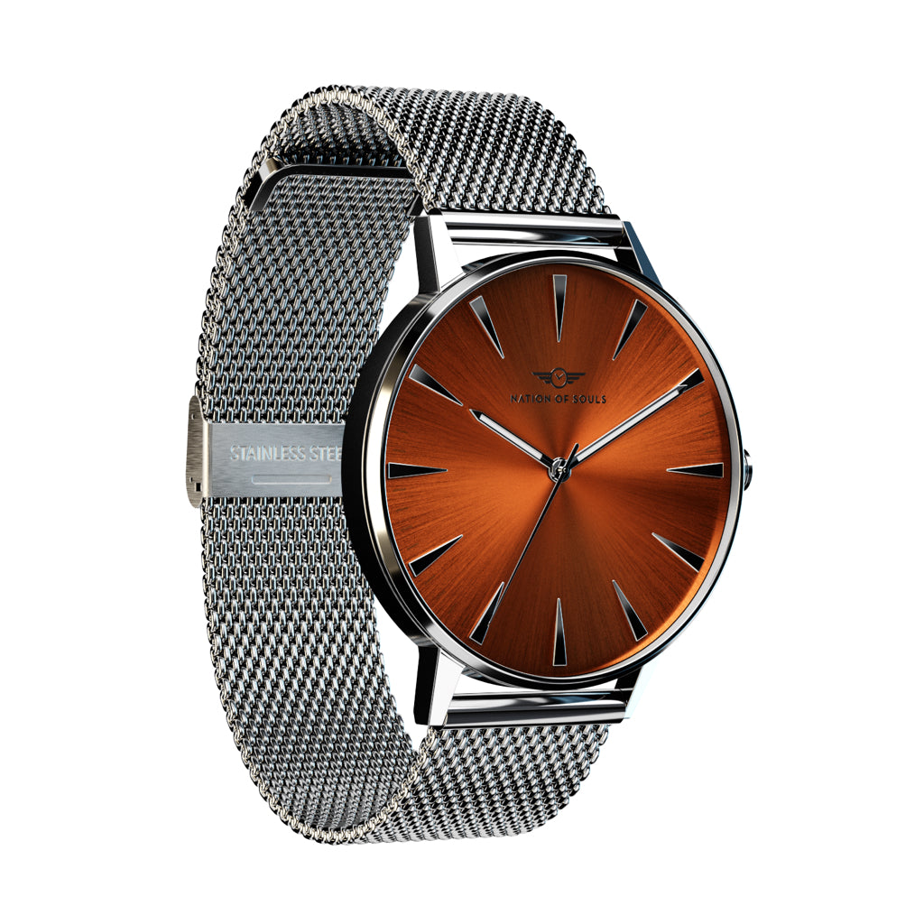 Argo Silver Gloss Coffee watch featuring a sunray dial, diamond cut 3D hands, and a stainless steel case.