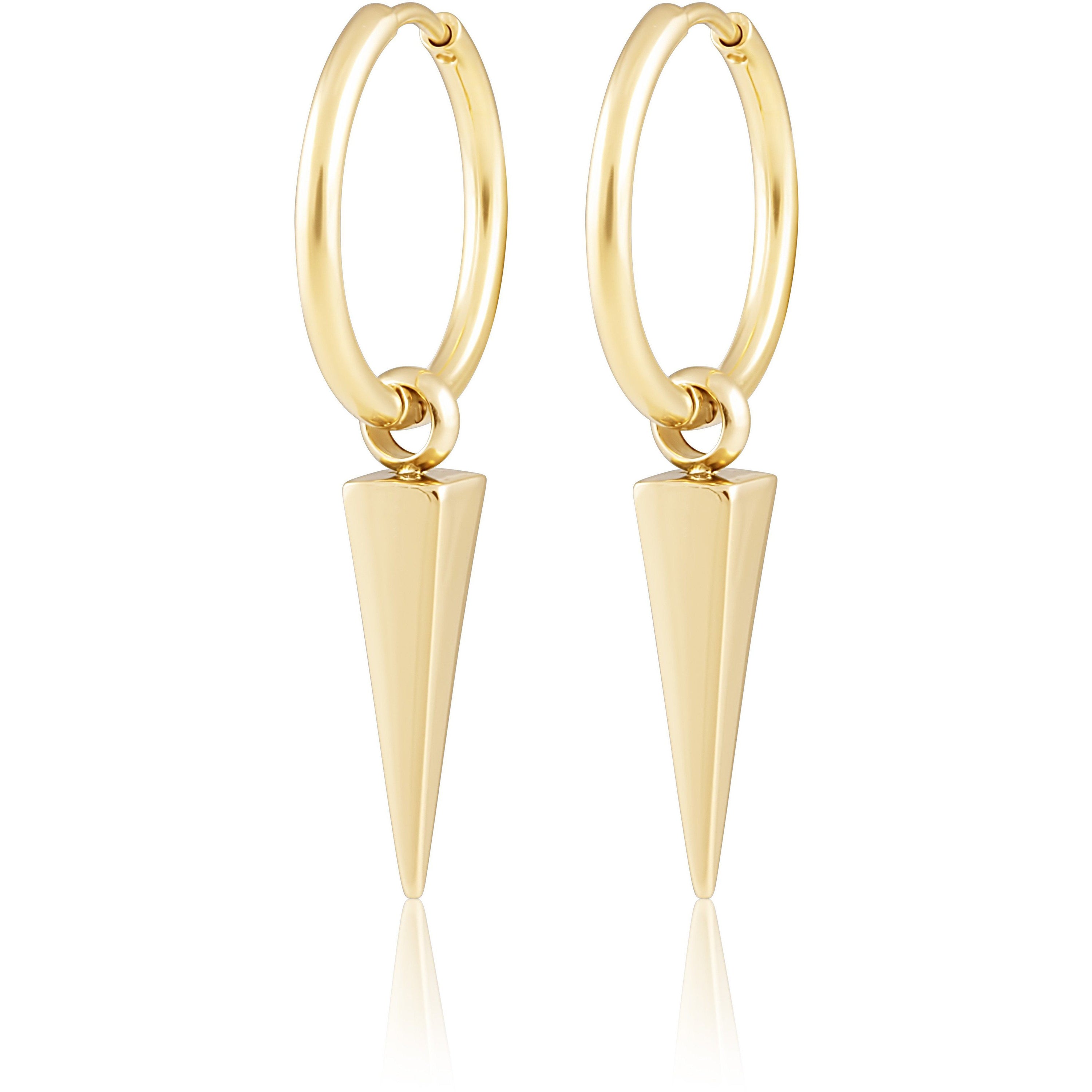 A pair of Aria Spike Hoops featuring an edgy design with interchangeable spikes, elegantly crafted in 18k gold plated stainless steel.