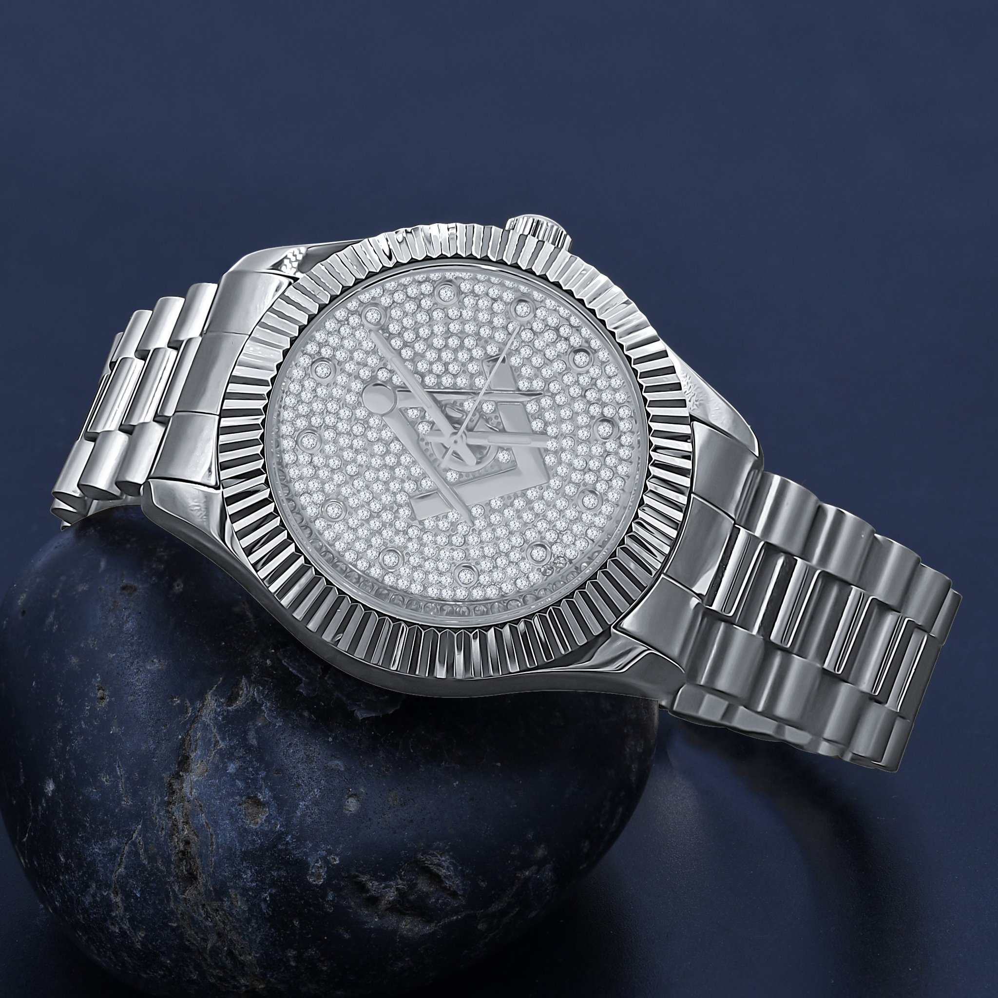 ARIES Masonic Iced Out Hip Hop Metal Watch featuring a bling metal design with cubic zirconia stones and a stylish crystal bezel.