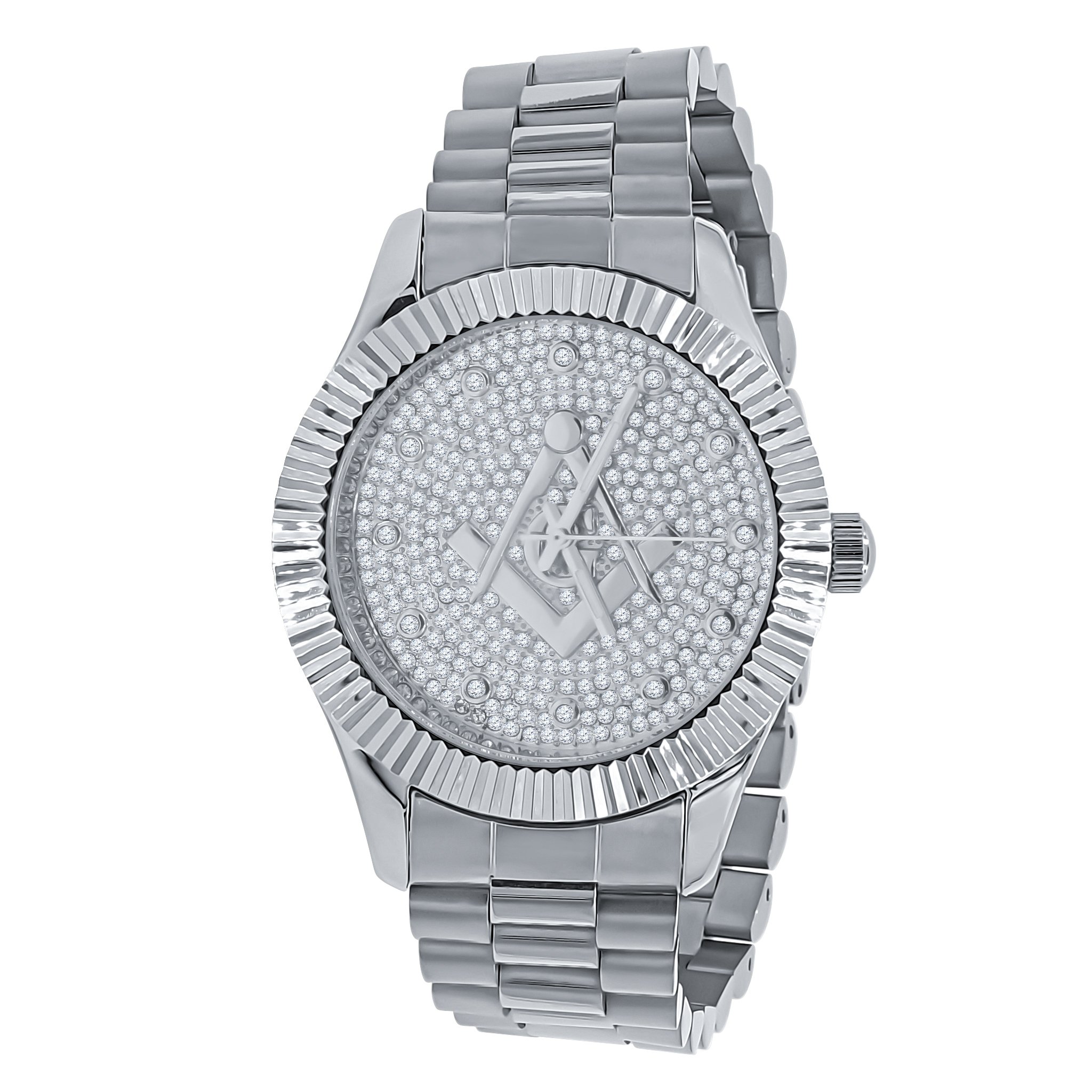 ARIES Masonic Iced Out Hip Hop Metal Watch featuring a bling metal design with cubic zirconia stones and a stylish crystal bezel.