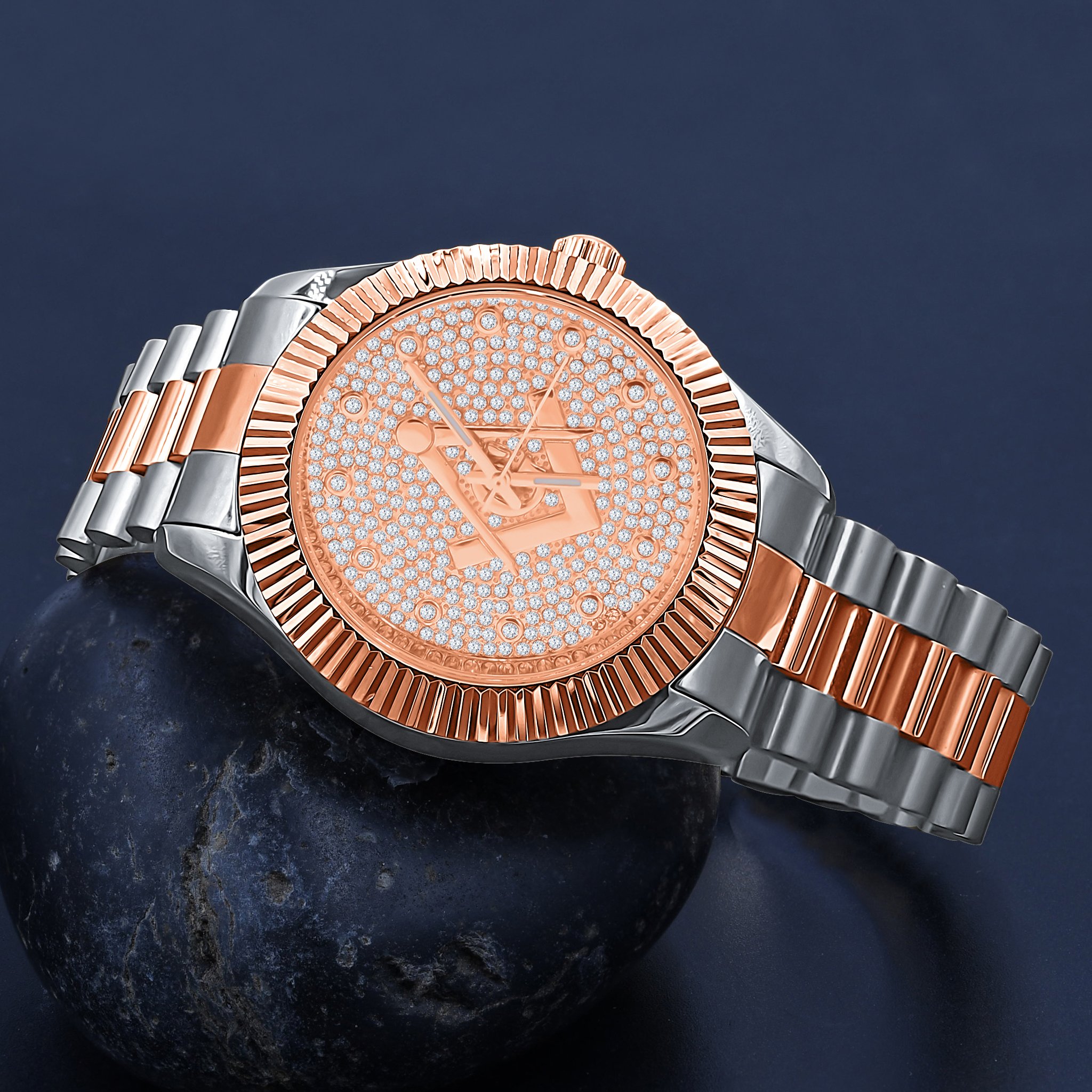 ARIES Masonic Iced Out Hip Hop Metal Watch featuring a bling metal design with studded cubic zirconias and a solid alloy construction.