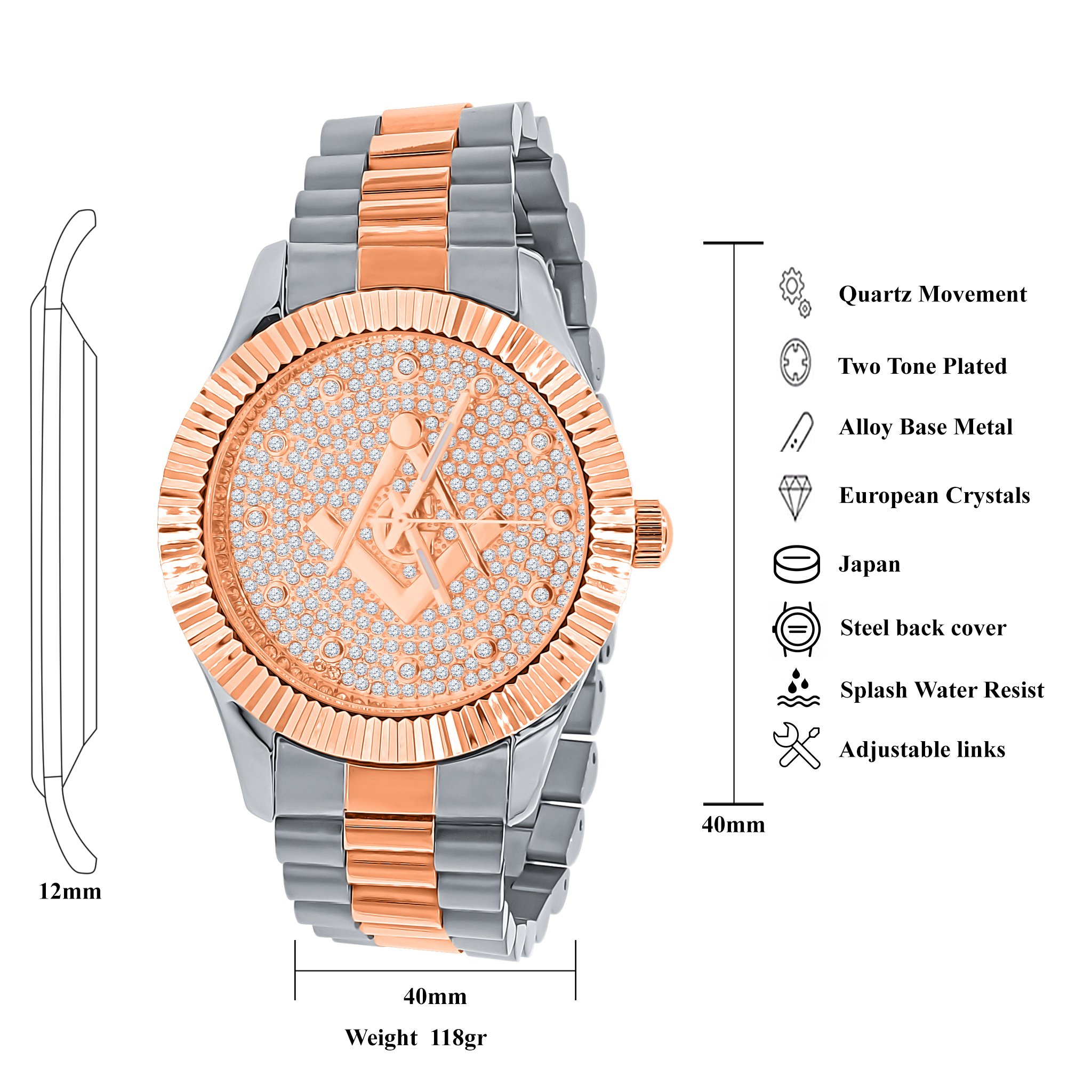 ARIES Masonic Iced Out Hip Hop Metal Watch featuring a bling metal design with studded cubic zirconias and a solid alloy construction.