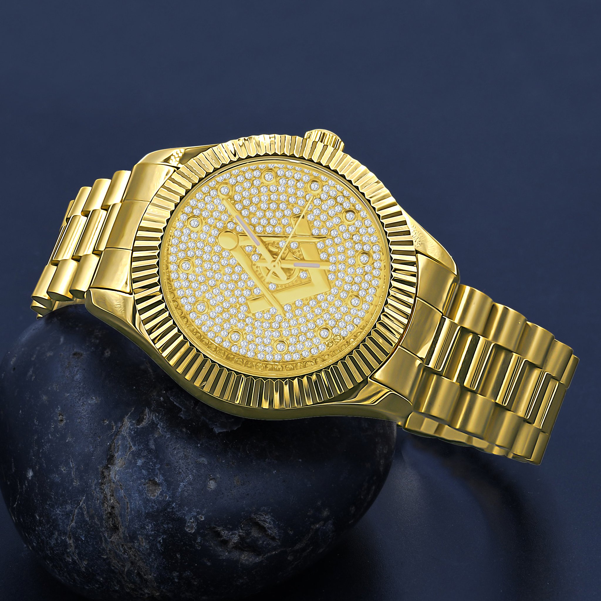 ARIES Masonic Iced Out Hip Hop Metal Watch featuring a bling metal design with studded CZ's and a durable alloy construction.