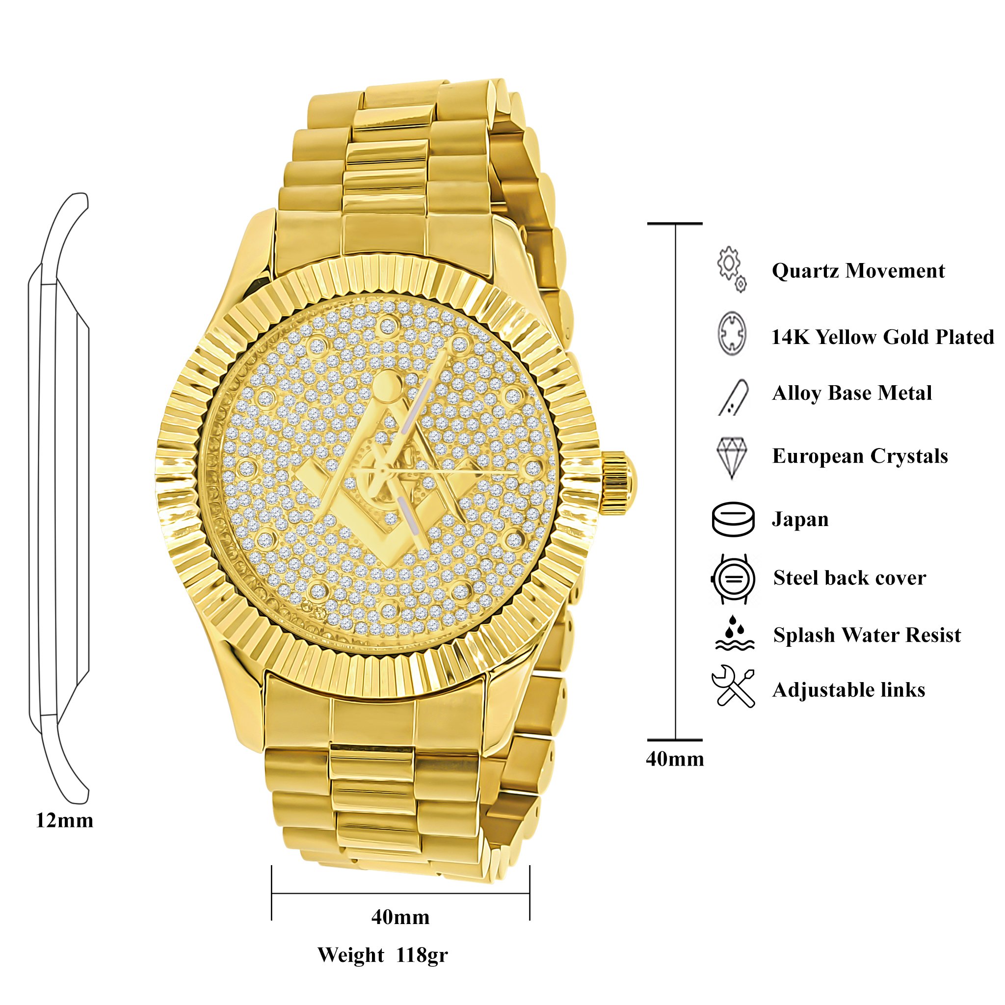 ARIES Masonic Iced Out Hip Hop Metal Watch featuring a bling metal design with studded CZ's and a durable alloy construction.