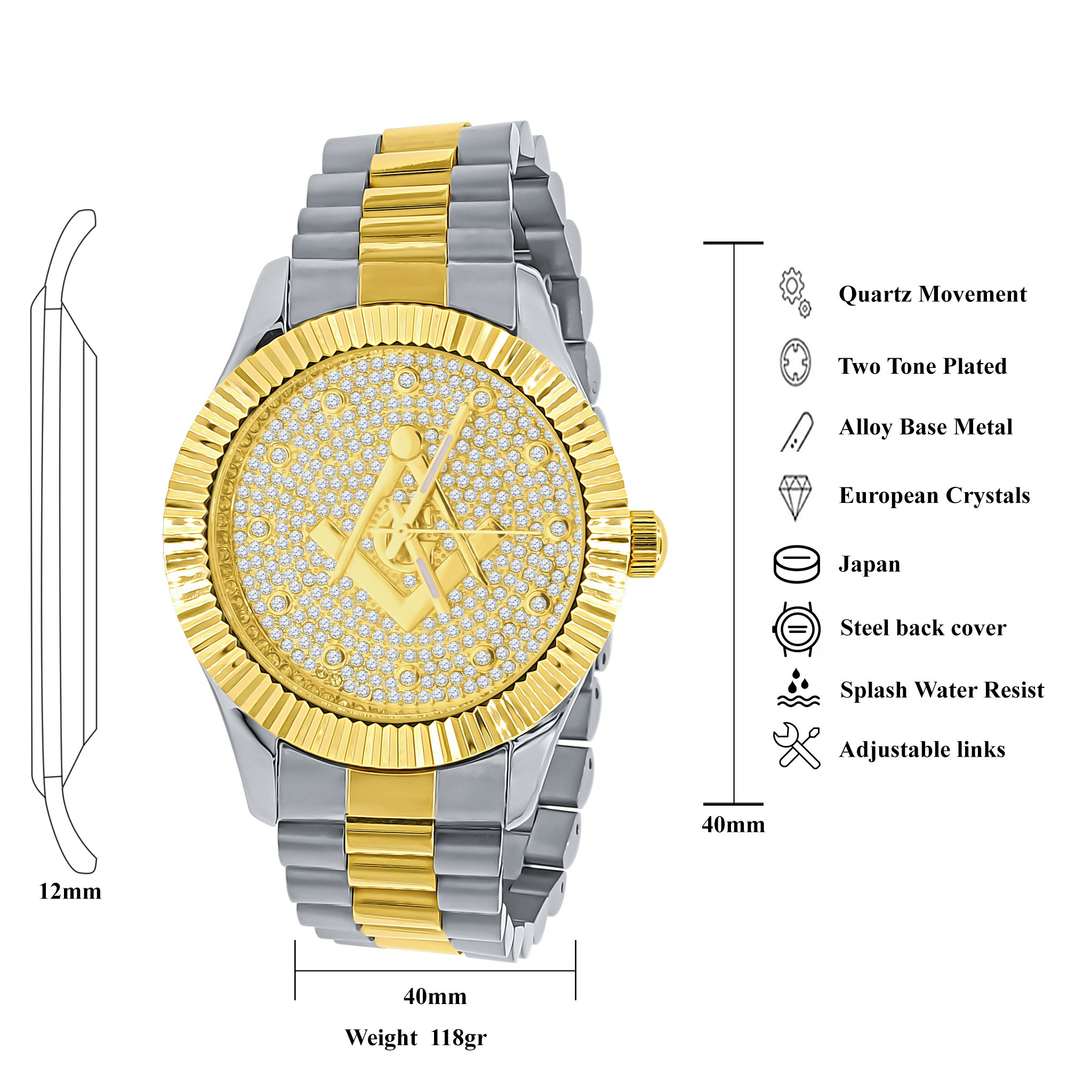 ARIES Masonic Iced Out Hip Hop Metal Watch featuring a bling design with CZ stones and a solid alloy construction.