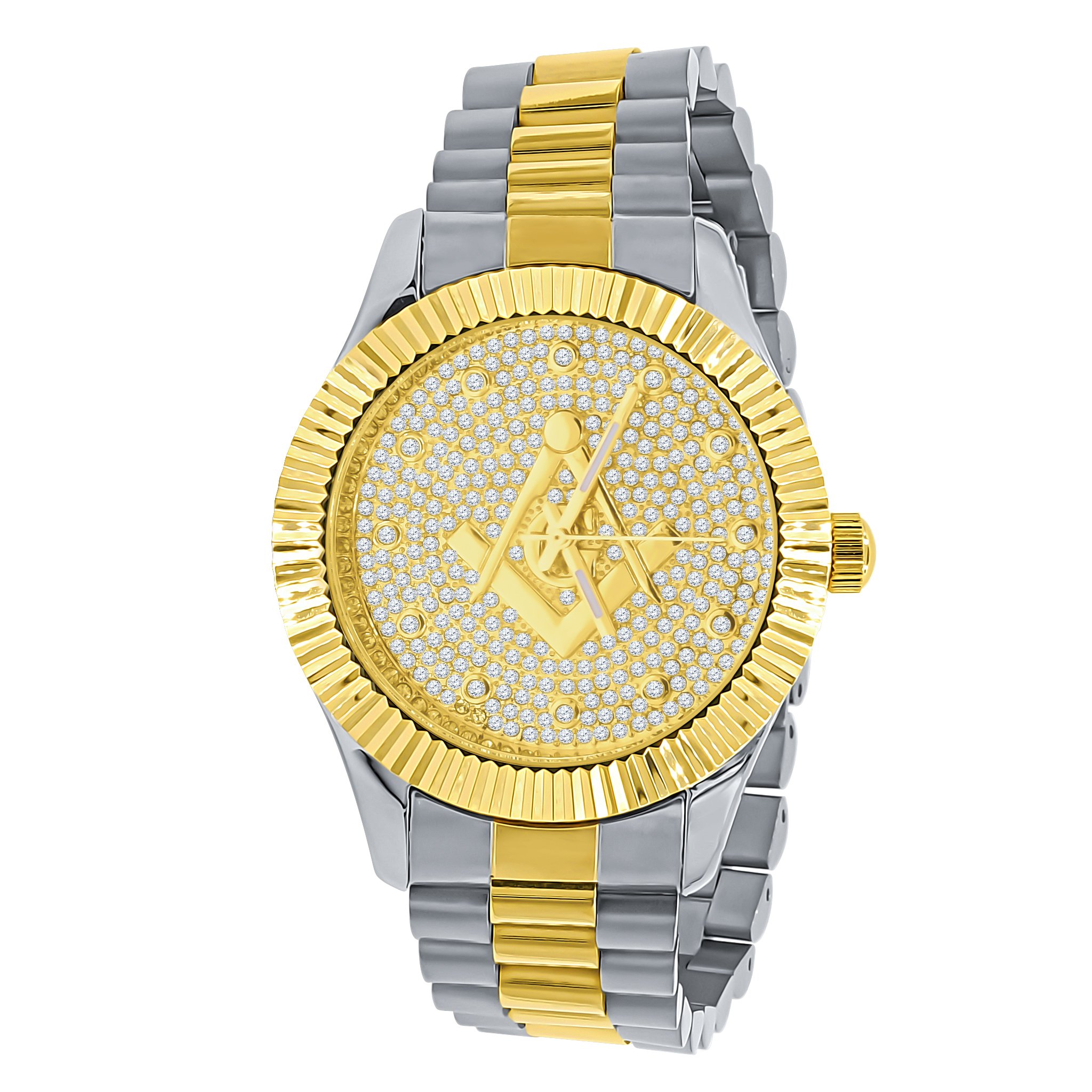 ARIES Masonic Iced Out Hip Hop Metal Watch featuring a bling design with CZ stones and a solid alloy construction.