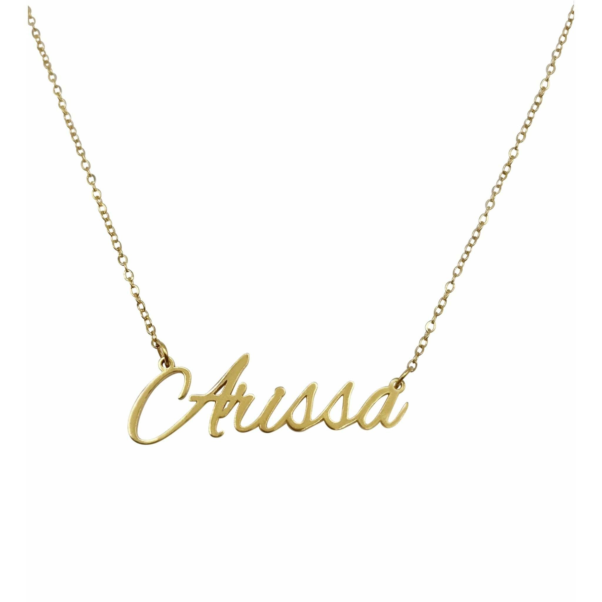 Arissa Name Necklace made of stainless steel with gold plating, featuring a personalized name design.