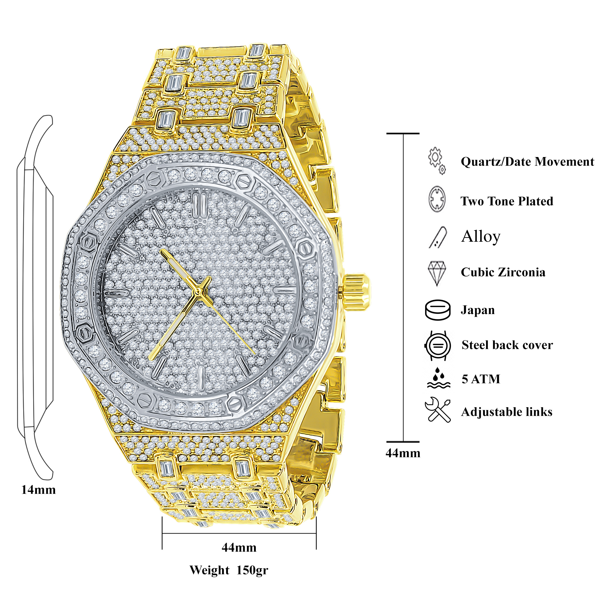 Aristocratic Hip Hop Metal watch featuring cubic zirconia stones on a stainless steel bracelet and bezel, showcasing luxury and elegance.