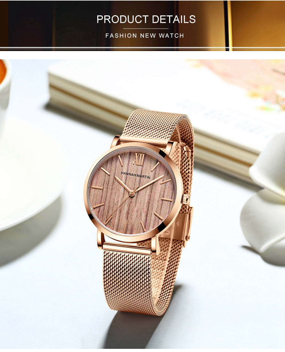 Arrival Japan Quartz Movement wood grain wristwatch with stainless steel mesh band, showcasing elegant design and functionality.