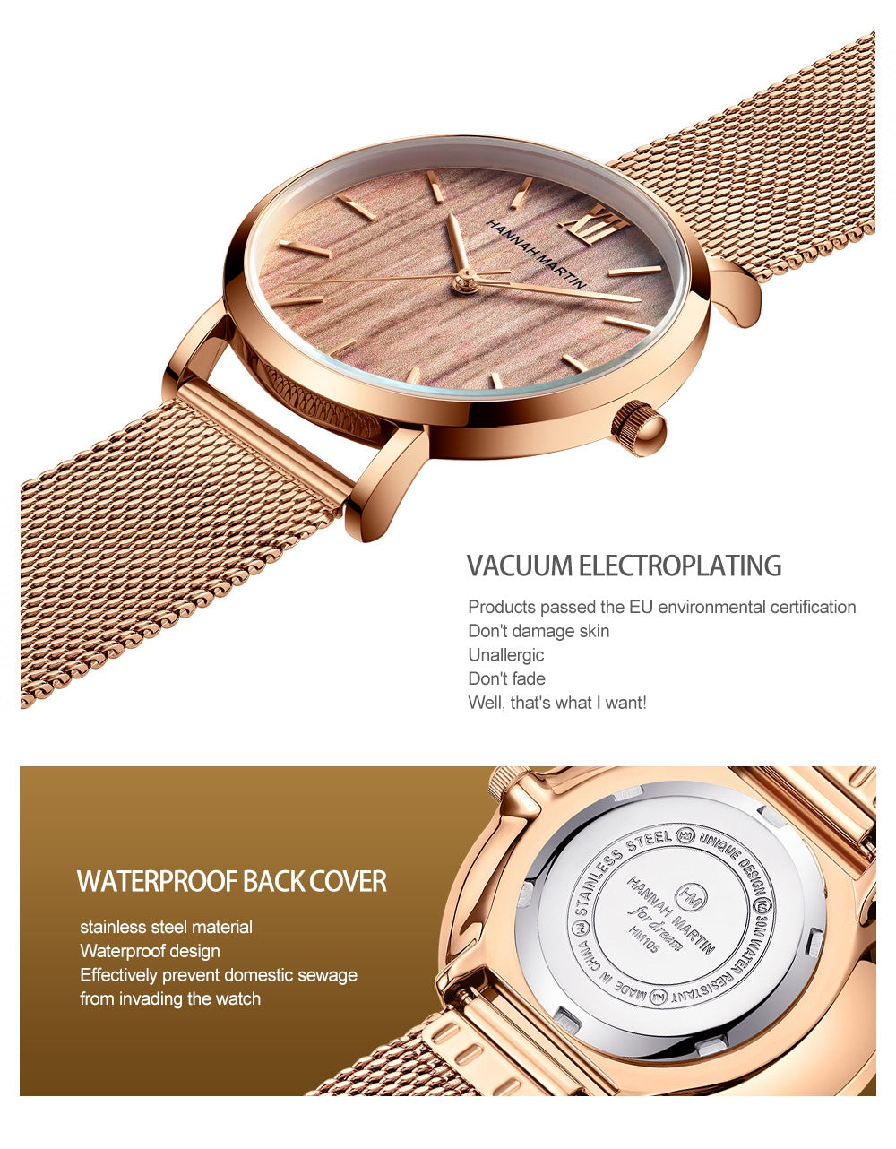 Arrival Japan Quartz Movement wood grain wristwatch with stainless steel mesh band, showcasing elegant design and functionality.