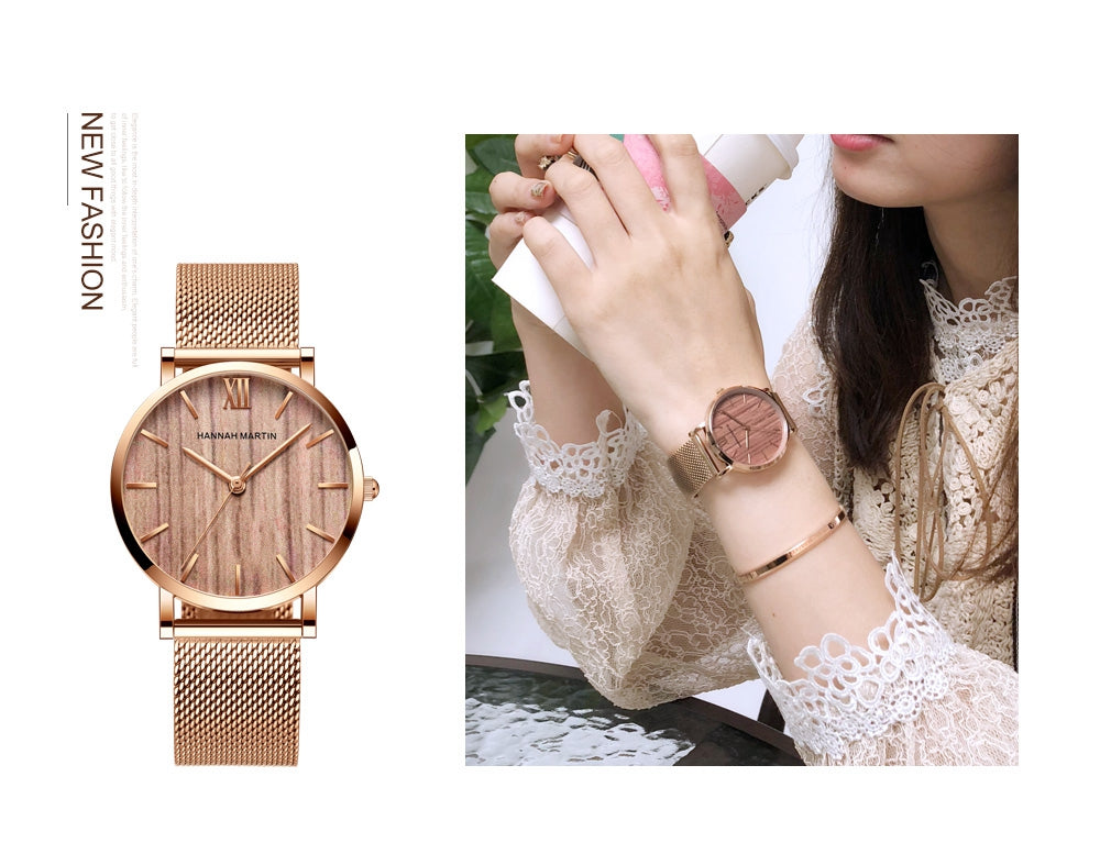 Arrival Japan Quartz Movement wood grain wristwatch with stainless steel mesh band, showcasing elegant design and functionality.