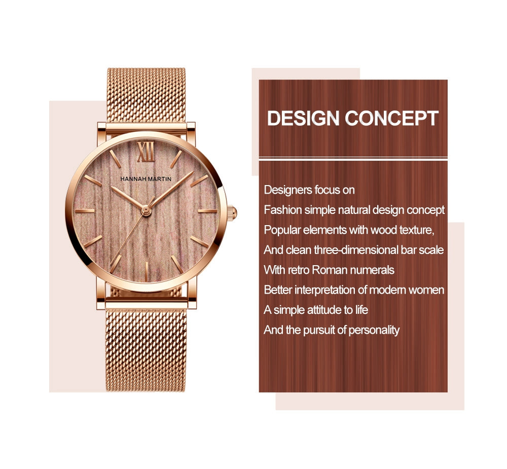 Arrival Japan Quartz Movement wood grain wristwatch with stainless steel mesh band, showcasing elegant design and functionality.