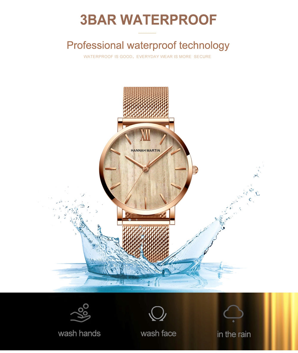 Arrival Japan Quartz Movement wood grain wristwatch with stainless steel mesh band, showcasing elegant design and functionality.