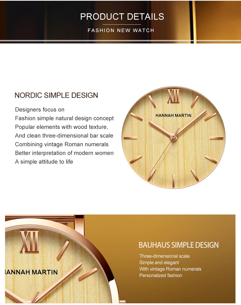 Arrival Japan Quartz Movement wood grain wristwatch with stainless steel mesh band, showcasing elegant design and functionality.