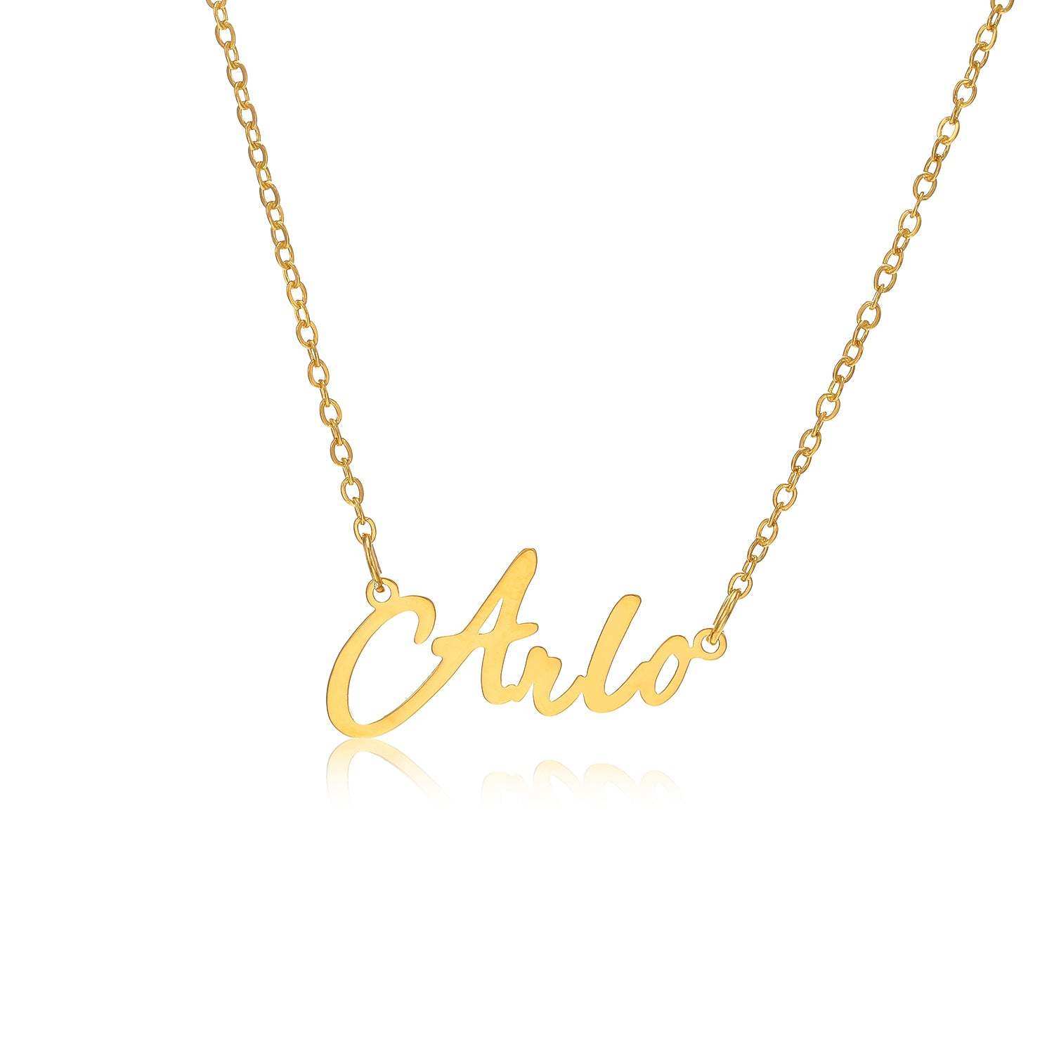 Arlo Name Necklace featuring a personalized name design in tarnish-free gold plated stainless steel.