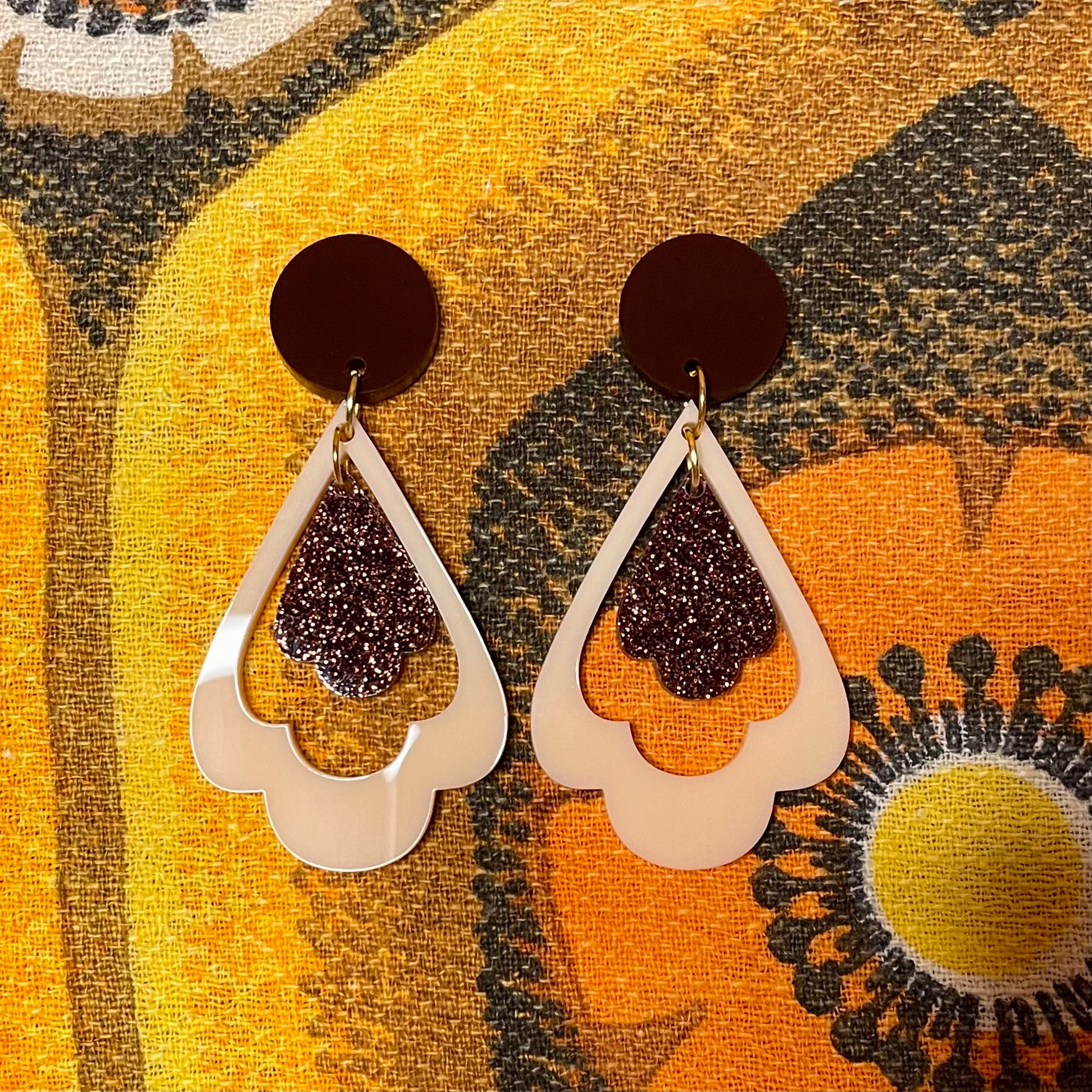 Art Deco Dangle Earrings featuring laser-cut acrylic in a vintage design, approximately 7cm in height and 3.5cm in width.