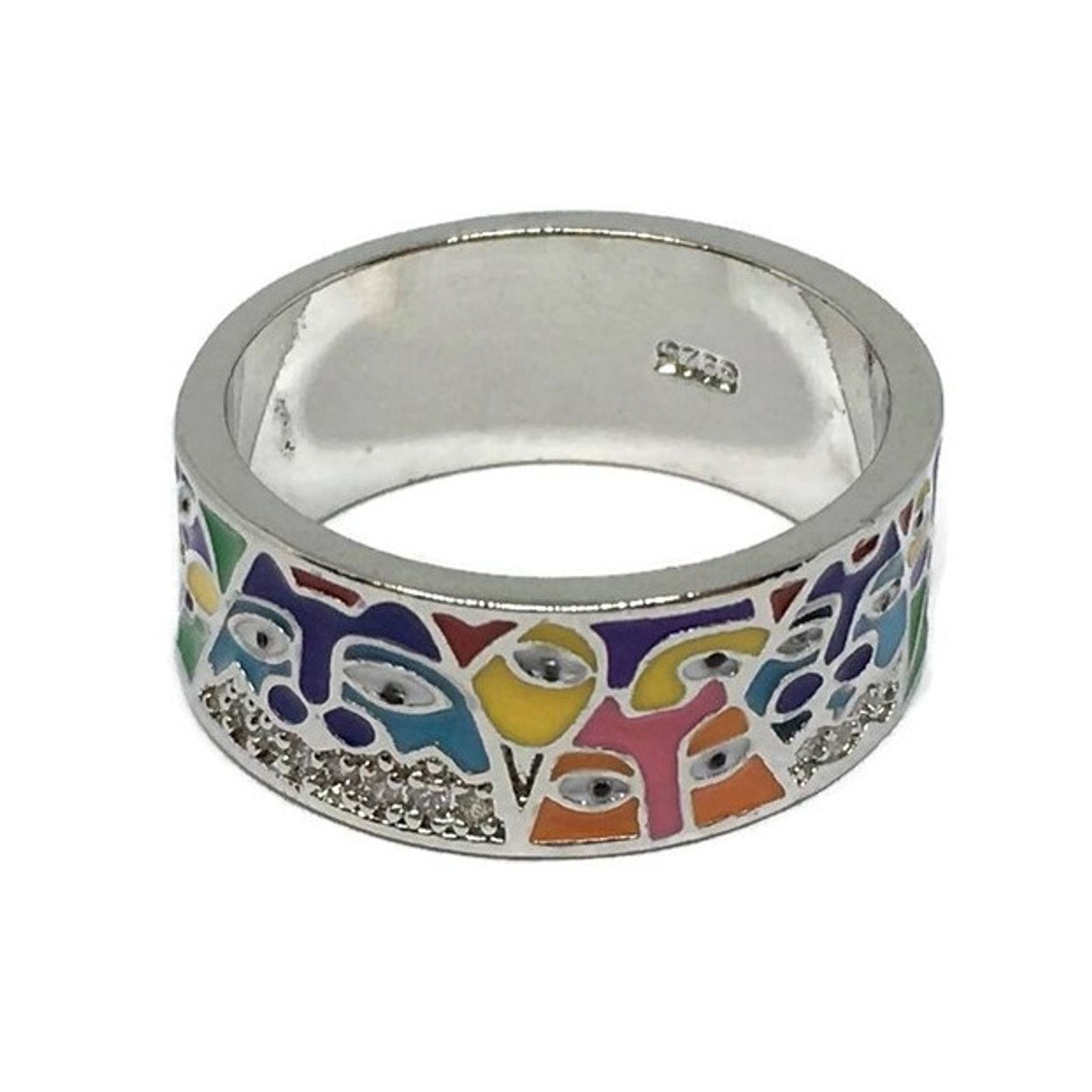 Art Deco Faces Band Ring made of stainless steel, featuring intricate geometric patterns and a polished finish, suitable for unisex wear.