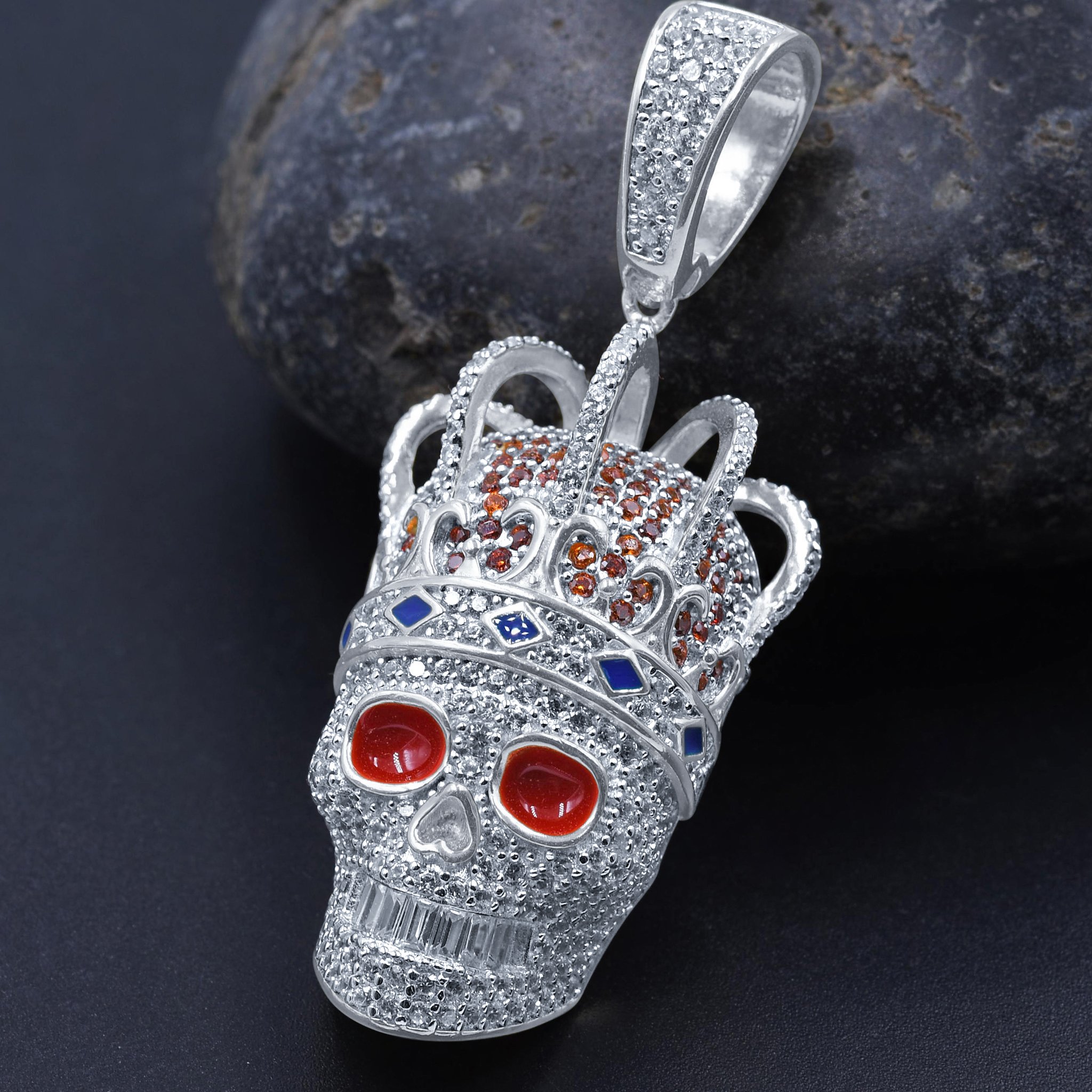 Artistic Silver Pendant featuring a vibrant skull-like locket design with enameled scarlet charms and cubic zircon stones, crafted from 925 sterling silver.