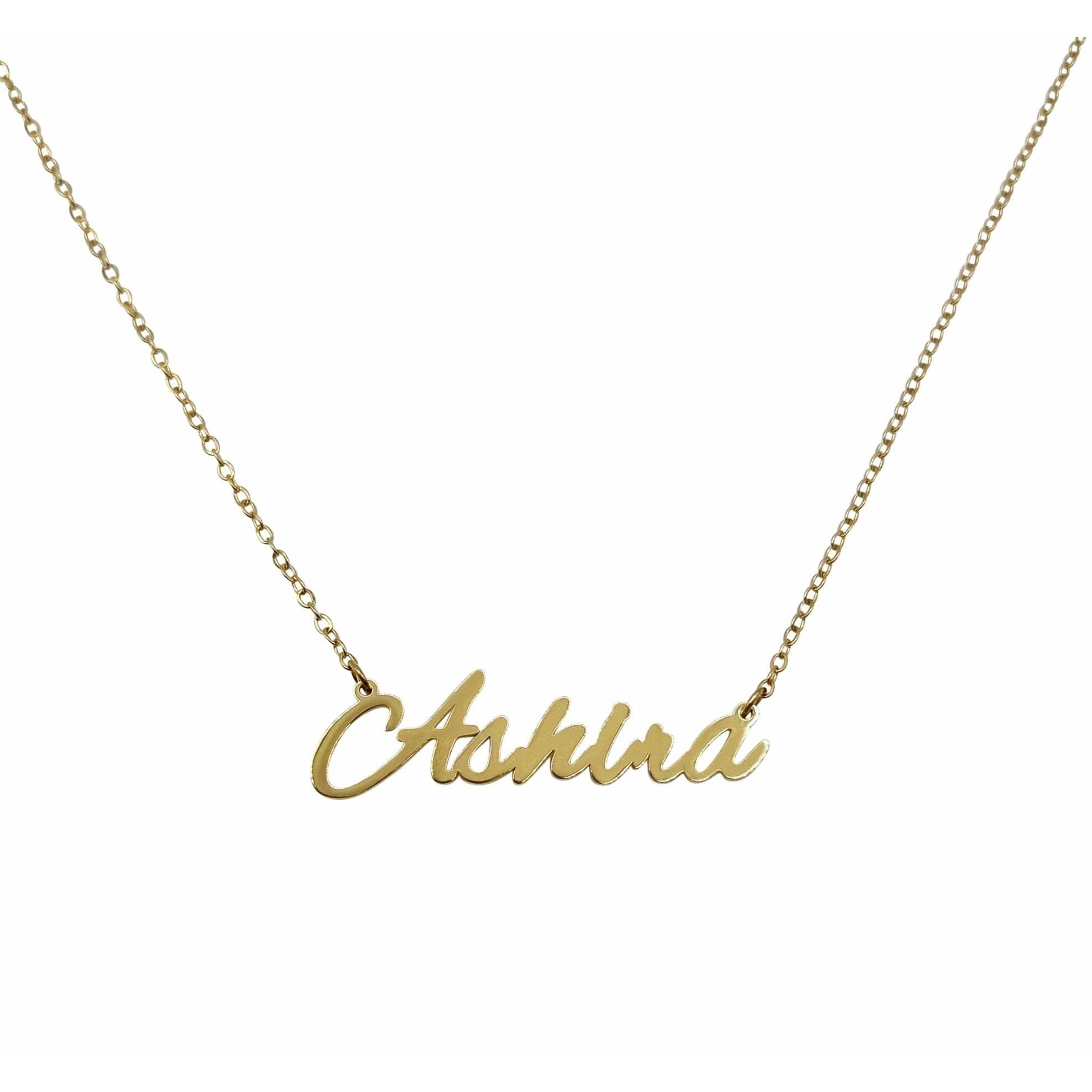 Ashira Name Necklace made of stainless steel with gold plating, featuring a personalized name design and adjustable chain.