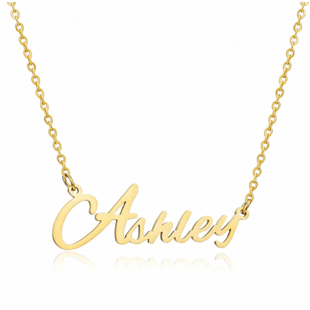 Ashley Name Necklace made of stainless steel with gold plating, featuring an adjustable chain.