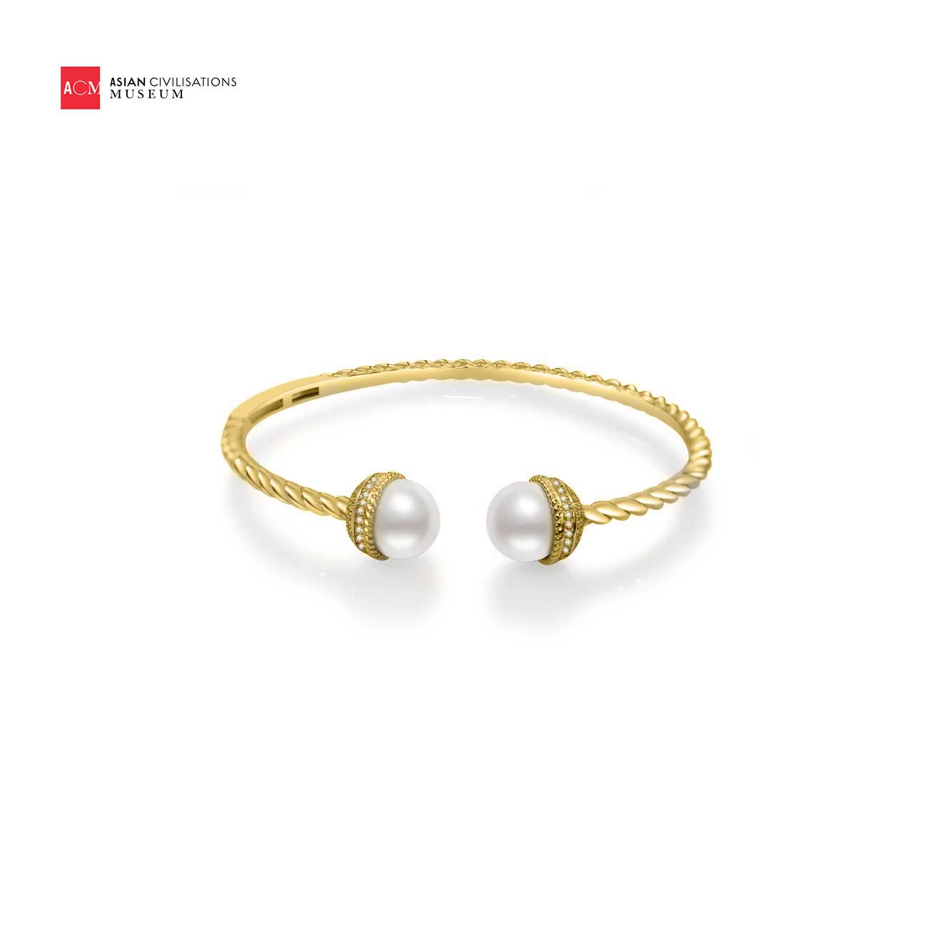 Asian Civilisations Museum Freshwater Pearl Bracelet with two lustrous pearls and a gold-plated sterling silver design, showcasing a spiral shape.