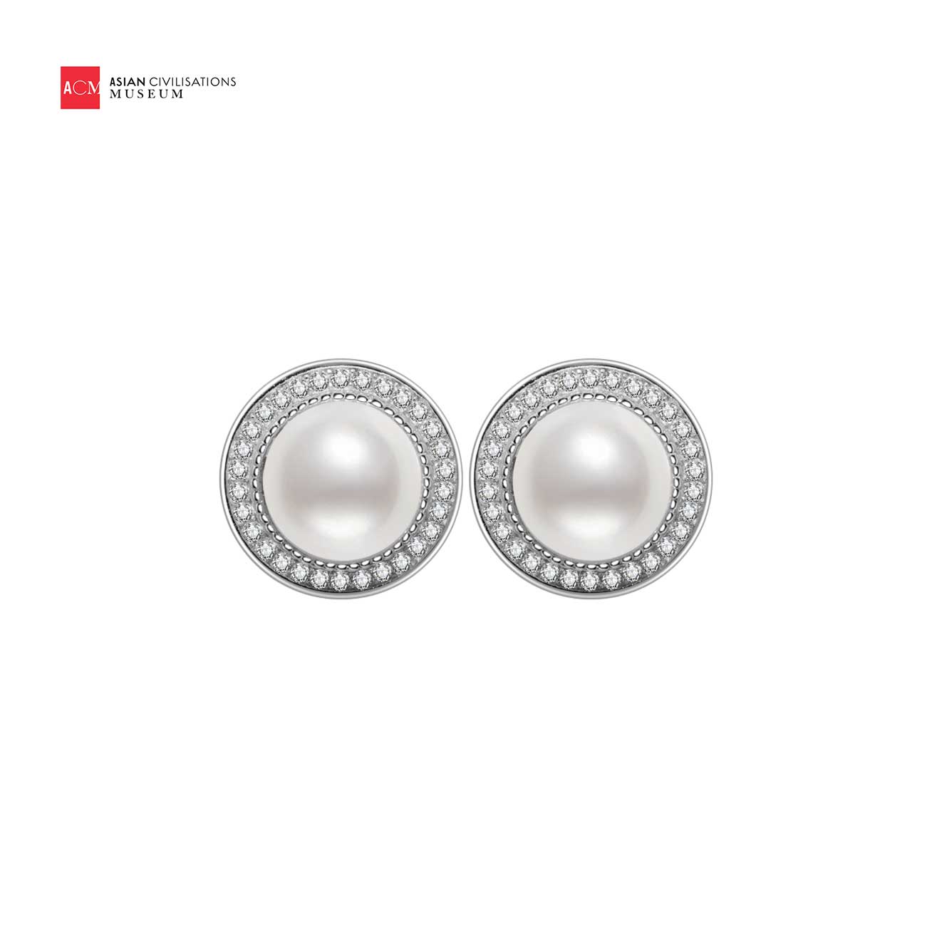 Asian Civilisations Museum Freshwater Pearl Earrings featuring two lustrous pearls in a spiral design, crafted from sterling silver and 18K white gold.