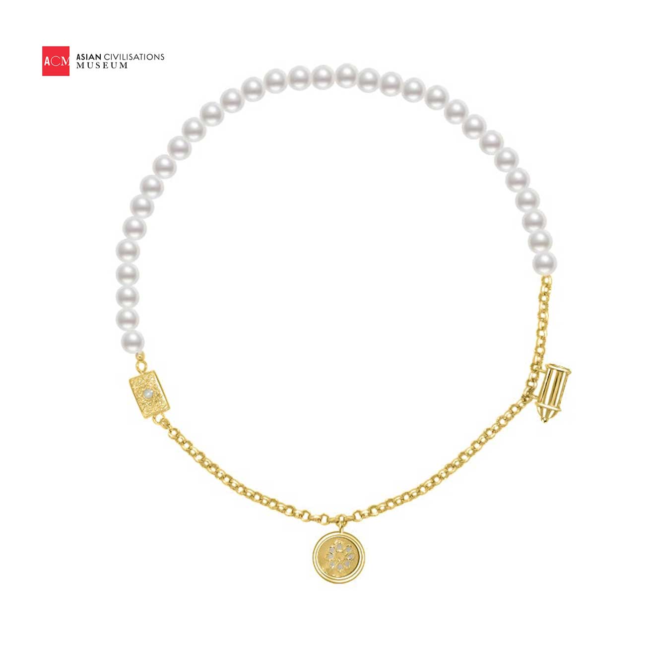 Asian Civilisations Museum Freshwater Pearl Necklace featuring round white pearls and sterling silver with 18k gold plating, showcasing traditional dokoh design.