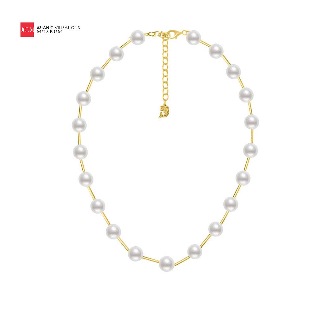 Asian Civilisations Museum Freshwater Pearl Necklace featuring lustrous white pearls and elegant spiral design in sterling silver with gold plating.