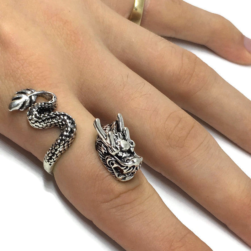 Asian Dragon Wraparound Ring made of sterling silver plated steel alloy, featuring an intricate dragon design, suitable for all finger sizes.