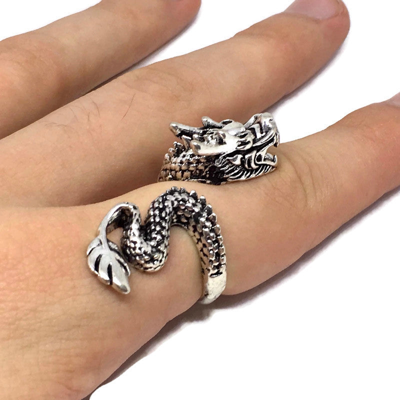 Asian Dragon Wraparound Ring made of sterling silver plated steel alloy, featuring an intricate dragon design, suitable for all finger sizes.