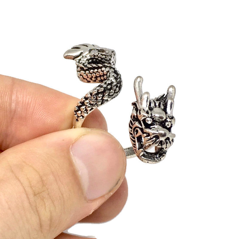 Asian Dragon Wraparound Ring made of sterling silver plated steel alloy, featuring an intricate dragon design, suitable for all finger sizes.